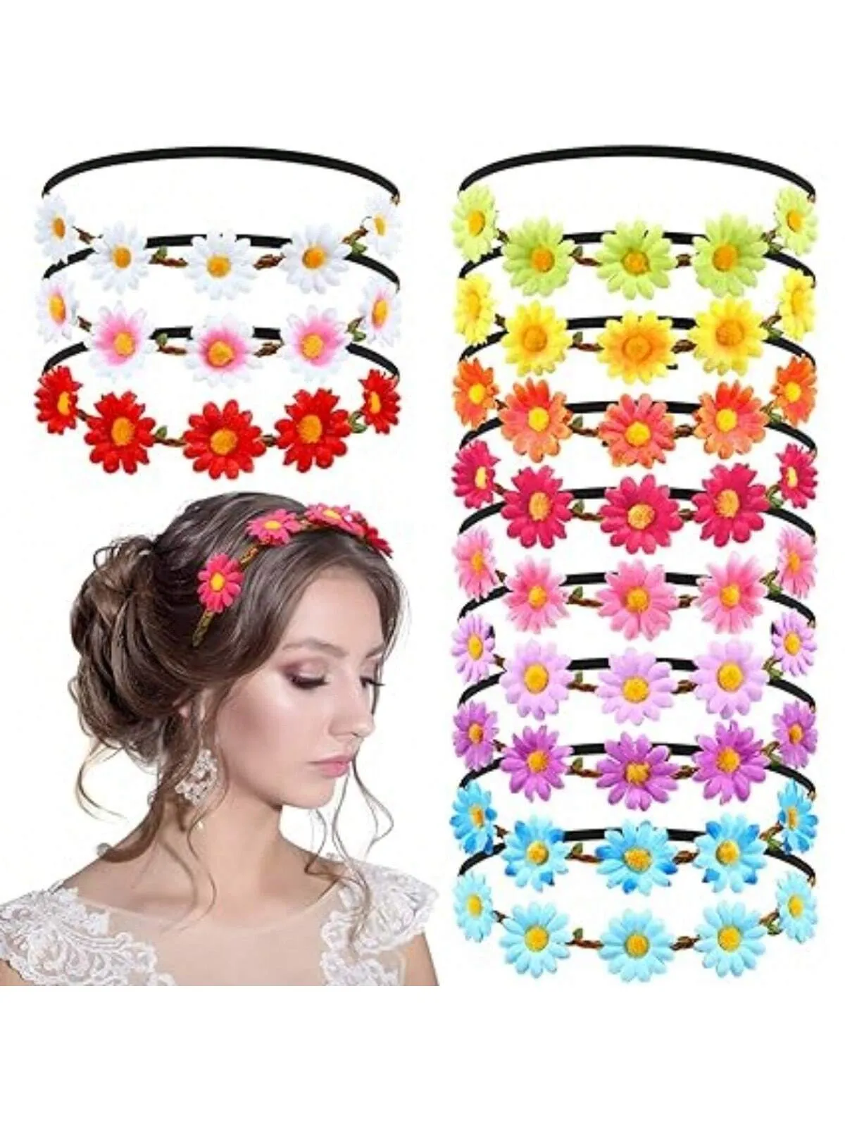 1 Piece Multicolor Lady Girl Fashion Flower Crown Floral Garland Daisy Bohemia Headbands Head Ties For Festival Wedding Party Themed Beach Party