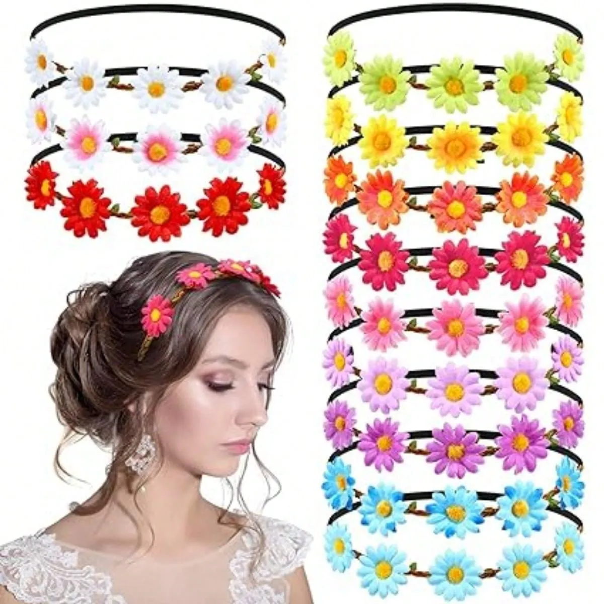 1 Piece Multicolor Lady Girl Fashion Flower Crown Floral Garland Daisy Bohemia Headbands Head Ties For Festival Wedding Party Themed Beach Party