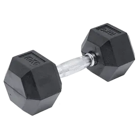 10KG Rubber Hex Dumbbell, Ergonomic, Contoured Handles