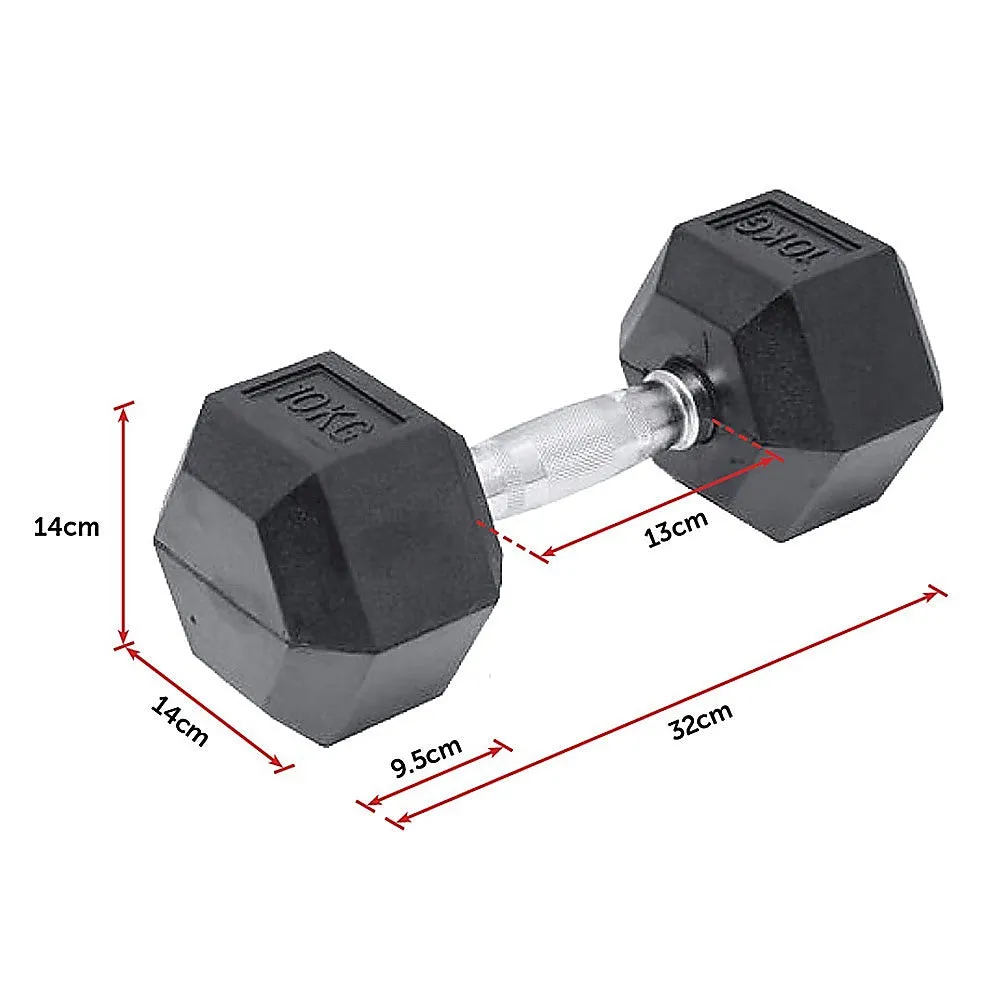 10KG Rubber Hex Dumbbell, Ergonomic, Contoured Handles