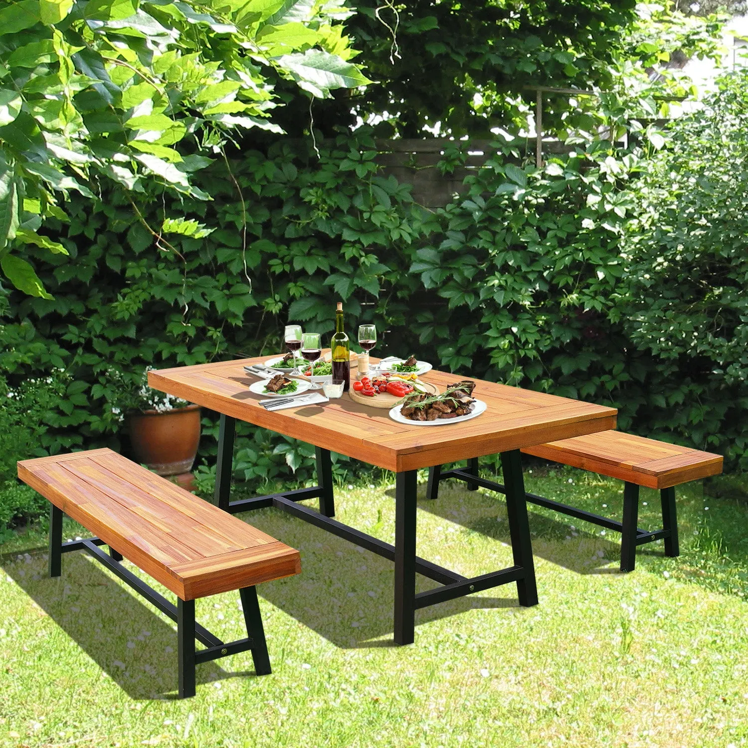 3 Pieces Acacia Wood Picnic Table and 2 Benches Set Dining Trestle Beer Table Patio Outdoor Indoor Furniture