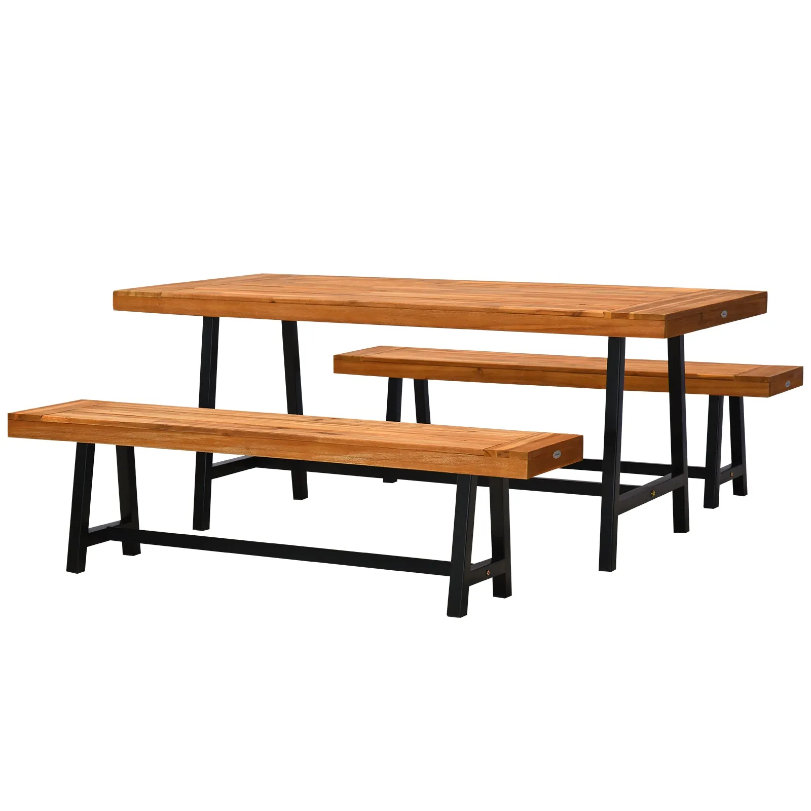 3 Pieces Acacia Wood Picnic Table and 2 Benches Set Dining Trestle Beer Table Patio Outdoor Indoor Furniture