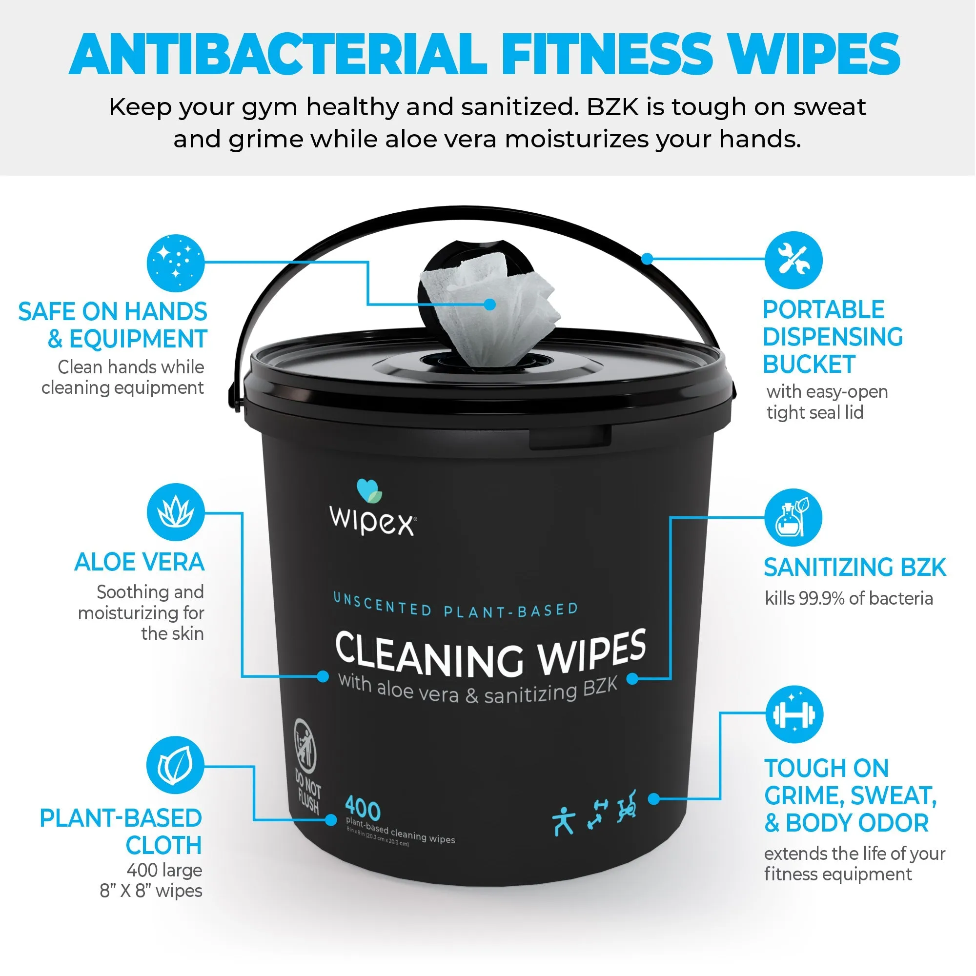 Antibacterial Bulk Gym Wipes Portable Dispensing Bucket 400ct | Skin-Safe 98.9% Natural Formula | Plant-Based Materials