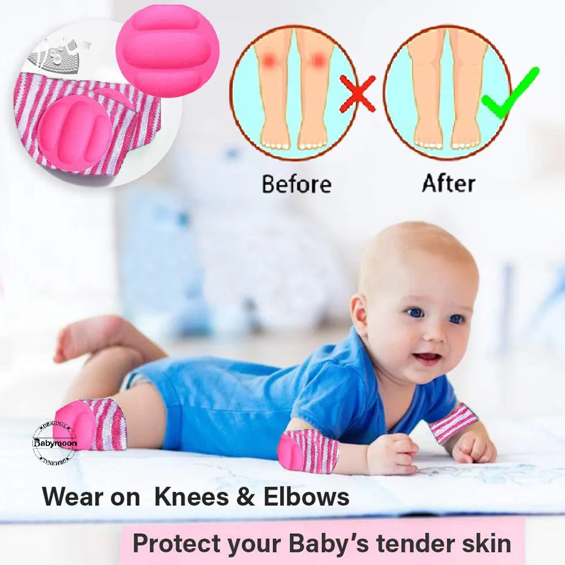 Babymoon Kids Padded Knee Pads for Crawling, Anti-Slip Stretchable Cotton - Red