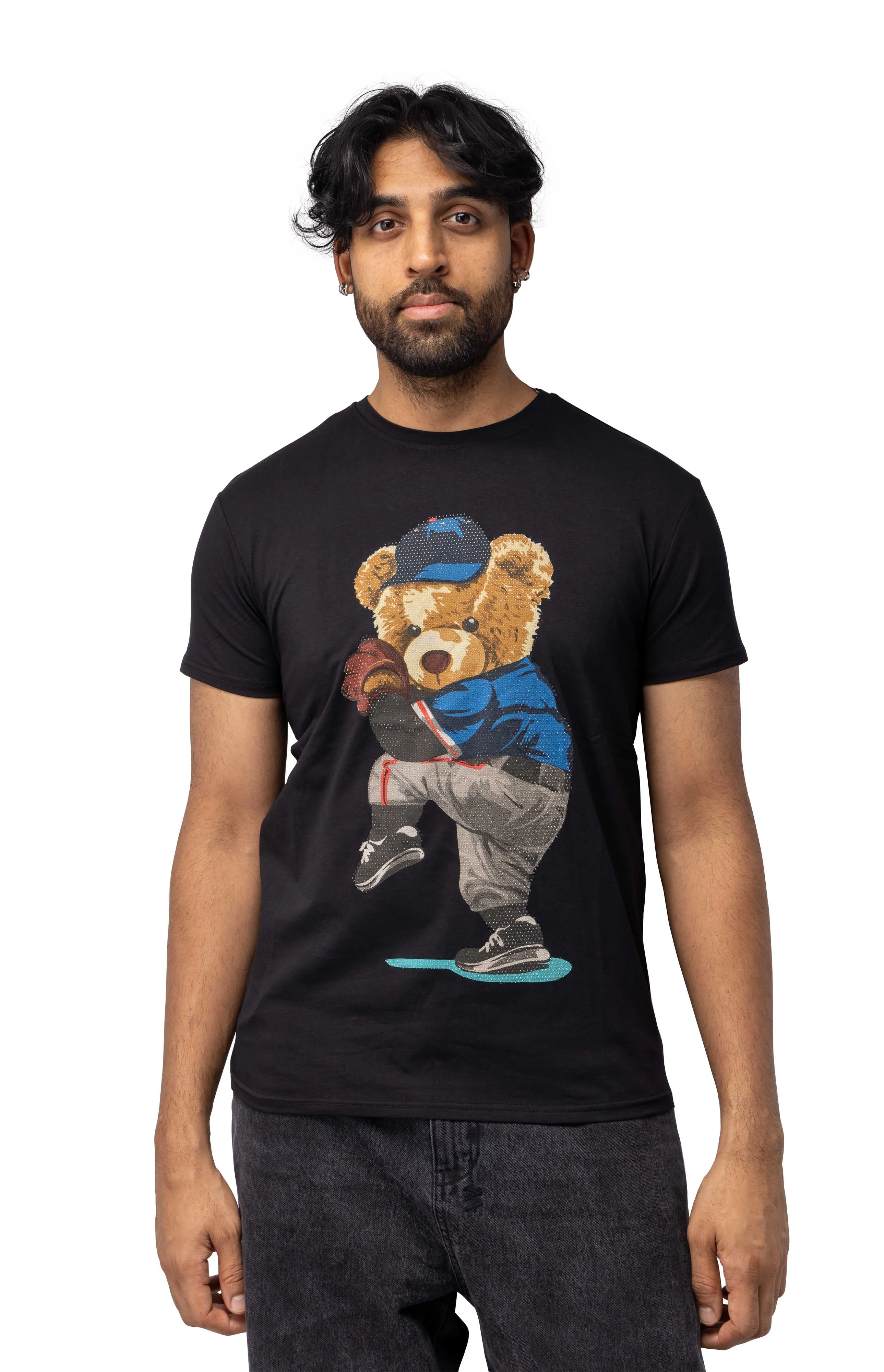 Heads or Tails Men's Slim Fit Crewneck Rhinestone Studded Graphic Printed T-Shirt Stone Tee Ballpark Bear