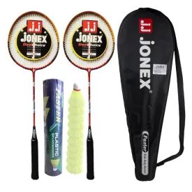 JJ Jonex Aluminum Badminton Set 2 Rackets Light Weight with Full Cover And Faster Plastic Shuttles Cock 10 Pieces