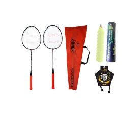 JJ Jonex Go-Play Badminton Racket of Set 2 with Black 1 PC Skipping Rope and Plastic Shuttles 10 Pieces with Cover, Multicolour, (MYC)