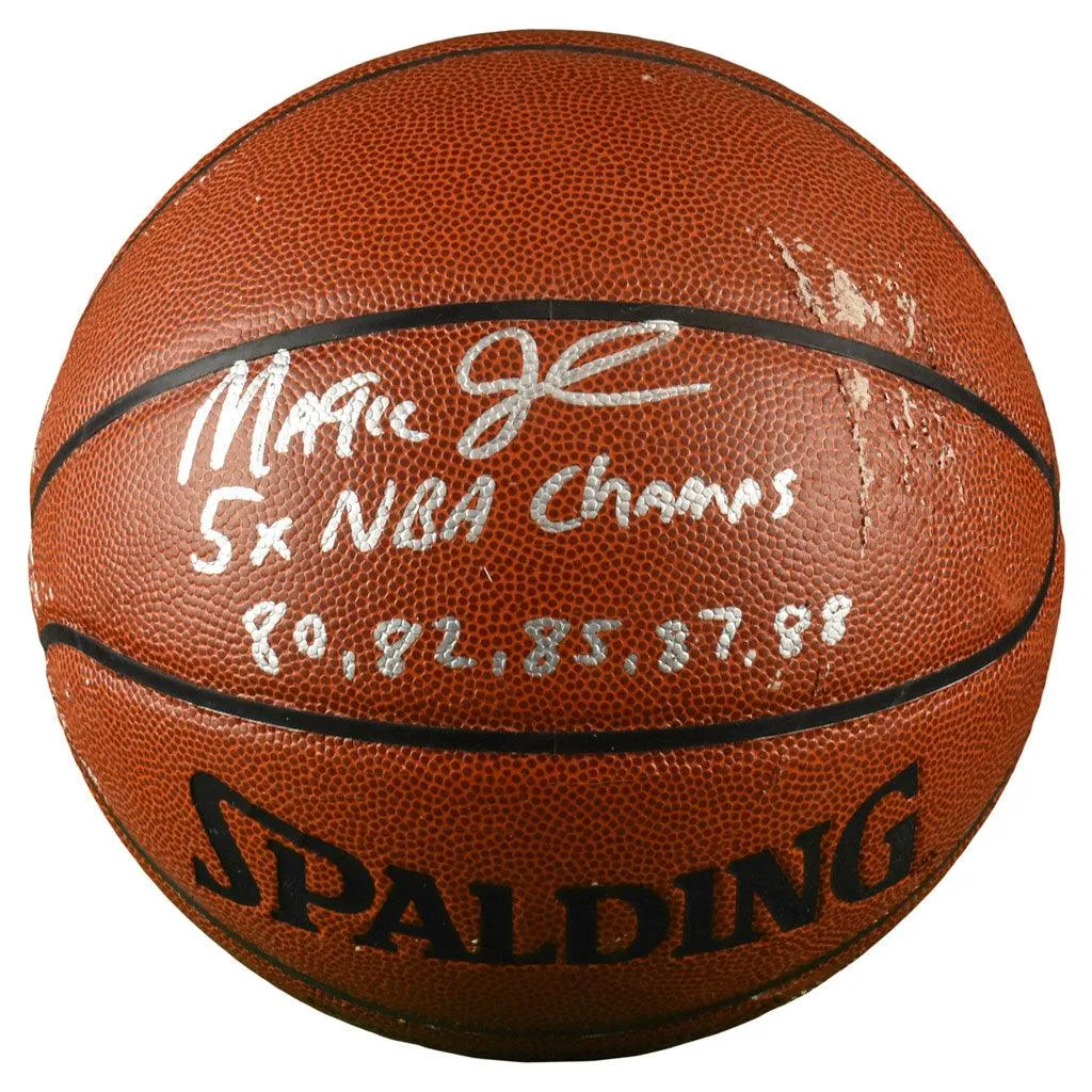 Magic Johnson Signed 5x NBA Champs Inscription NBA Indoor/Outdoor Basketball (JSA)