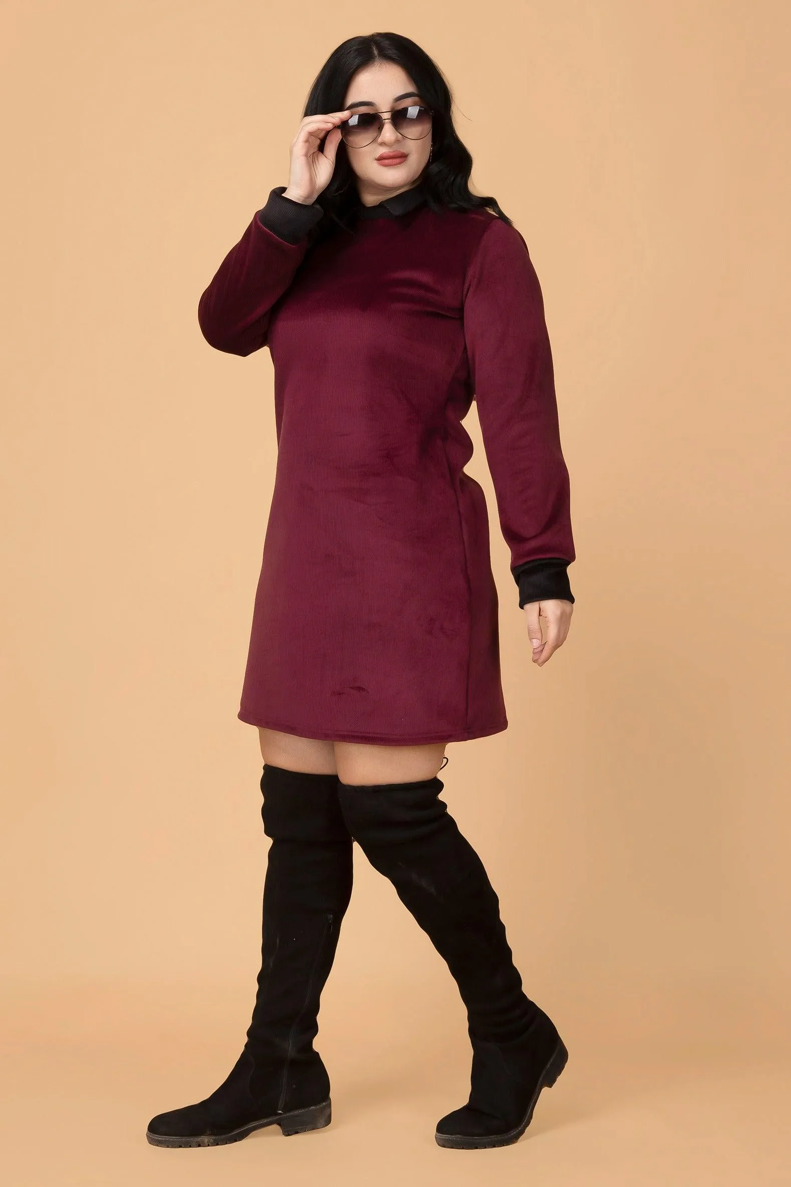 Maroon Solid Ribbed Knit Dress