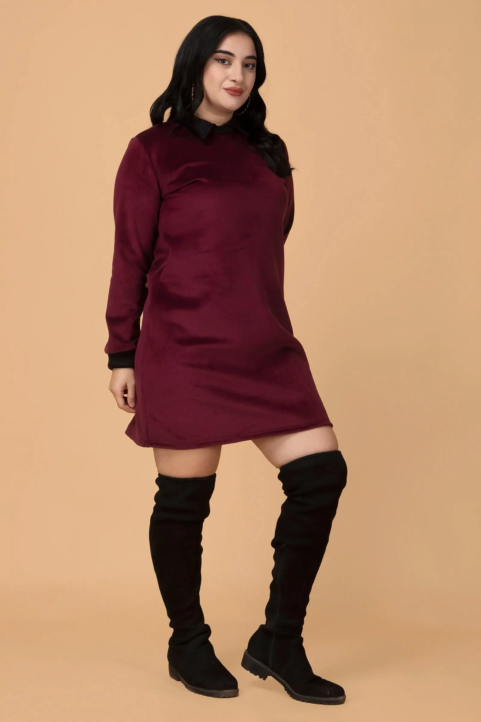 Maroon Solid Ribbed Knit Dress