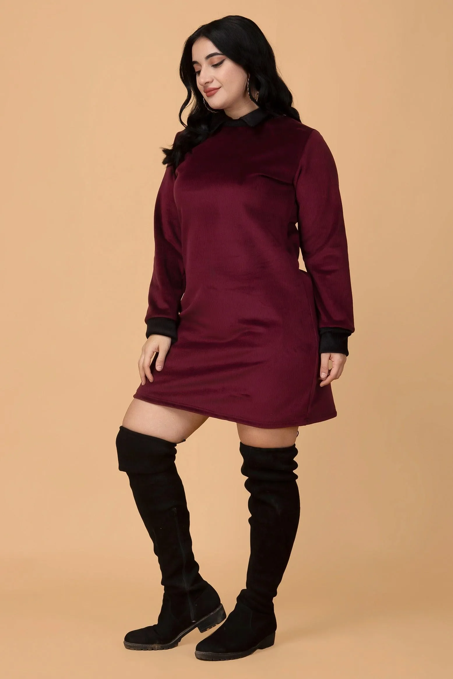 Maroon Solid Ribbed Knit Dress