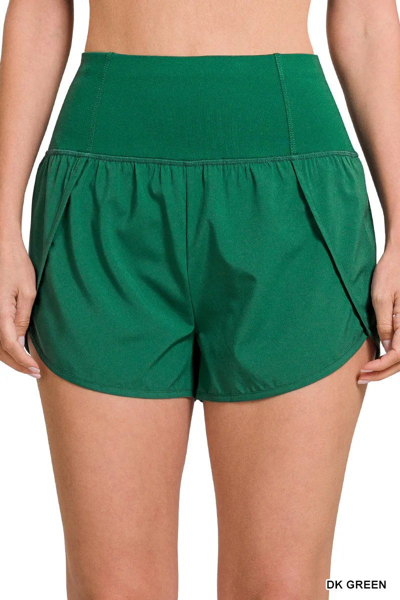 Olive High Waisted Zipper Back Pocket Running Shorts