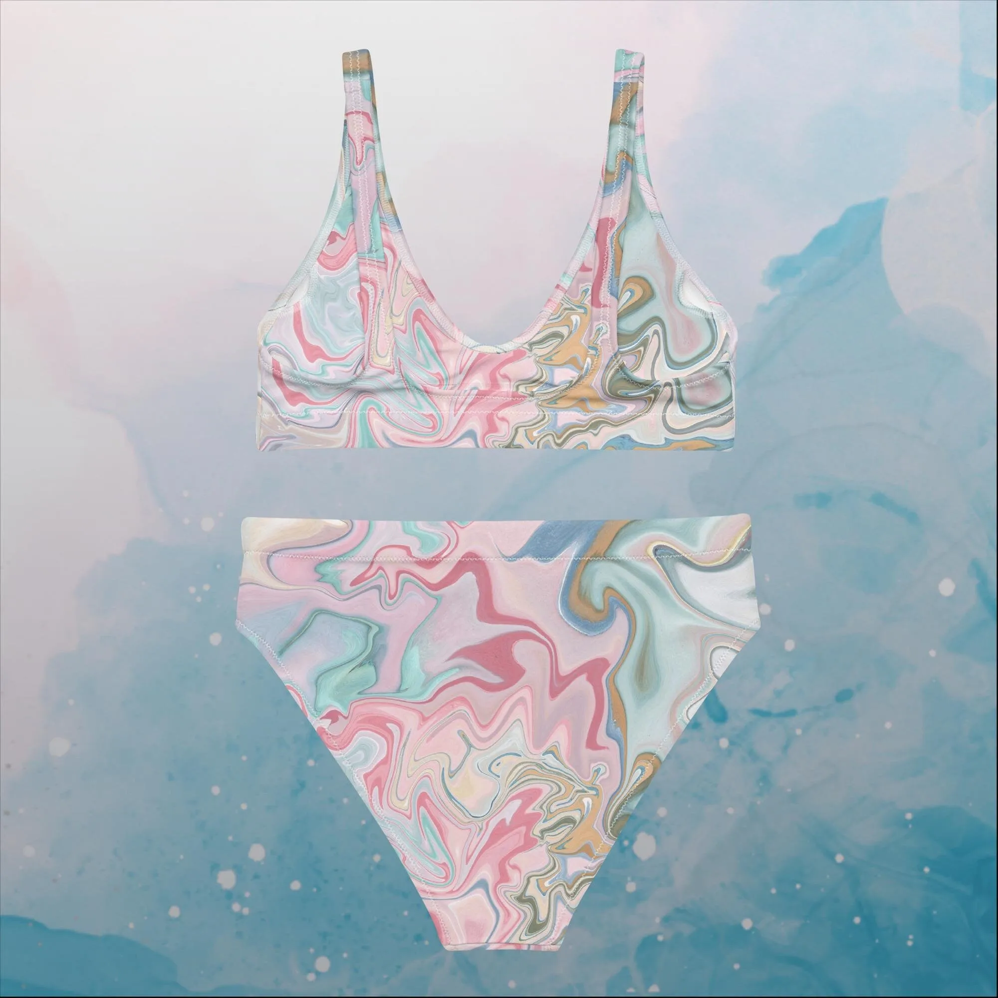 Pink and Mint Marbled Womens Recycled High Waisted bikini