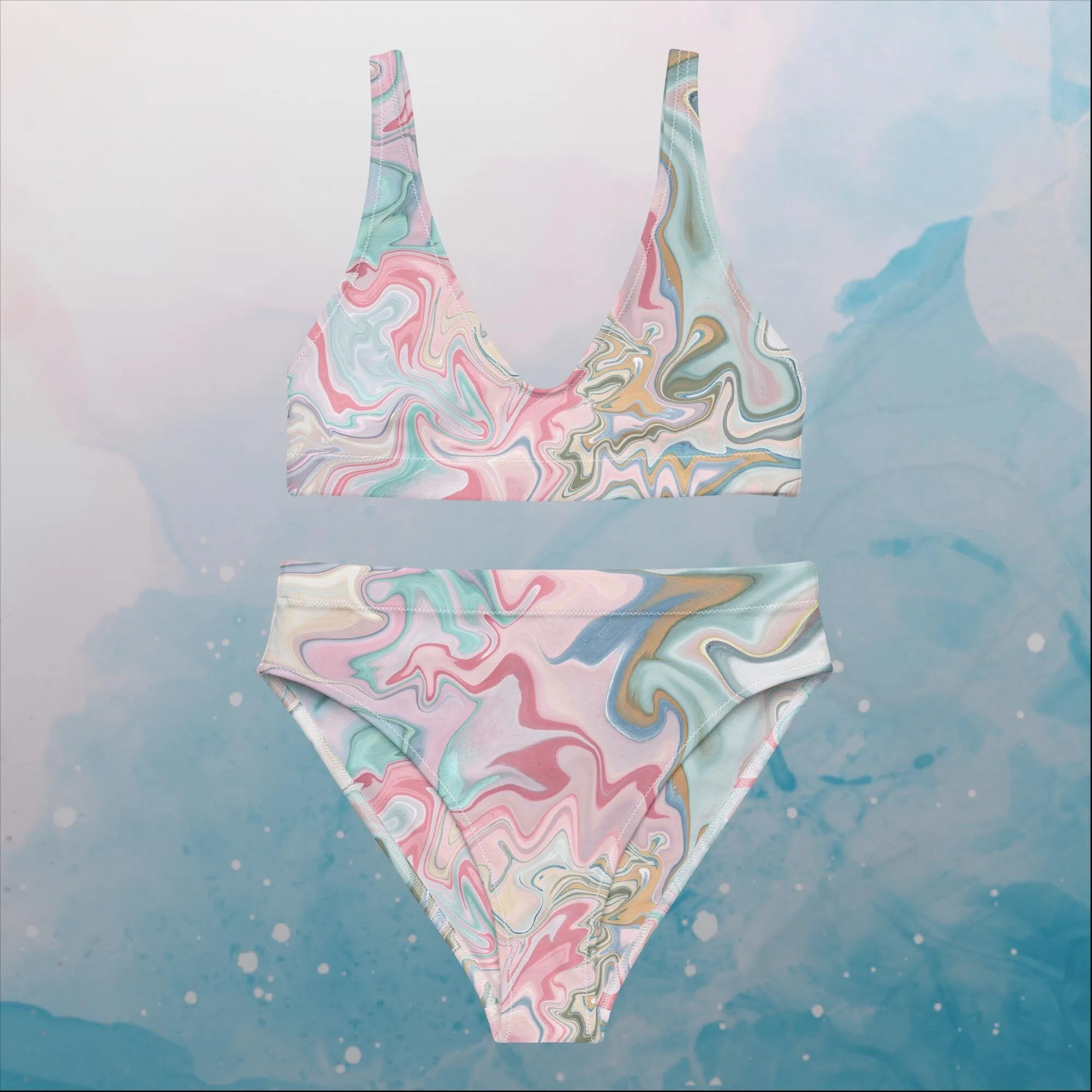 Pink and Mint Marbled Womens Recycled High Waisted bikini