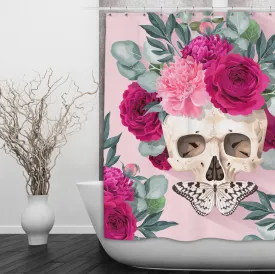 Powder Pink and Fuchsia Rose Butterfly Skull Shower Curtains and Optional Bath Mats