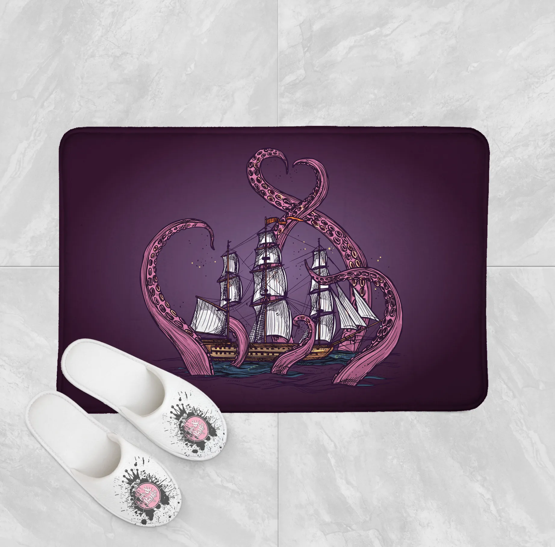 Purple Kraken and Ship Shower Curtains and Optional Bath Mats