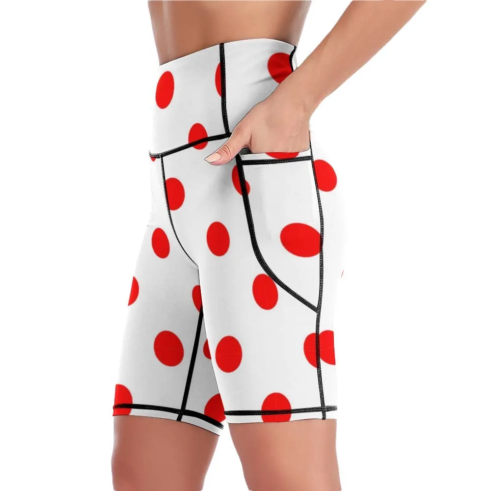 White With Red Polka Dots Women's Knee Length Athletic Yoga Shorts With Pockets